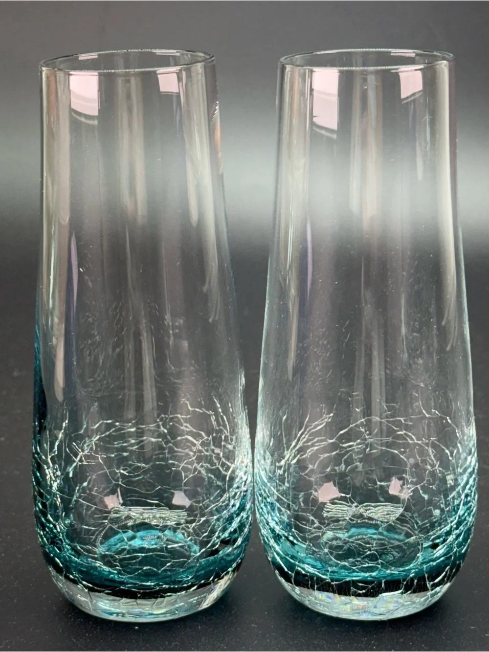 Vintage Pier 1 Teal Blue Crackle Glass  Stemless Champagne Mimosa Glasses